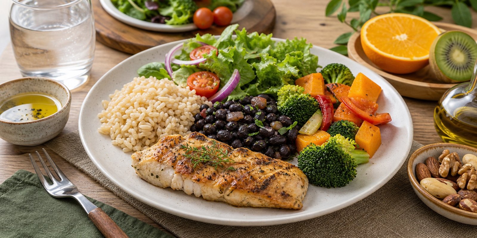 Prato colorido com feijão, verduras, azeite, peixe e frutas em composição brasileira equilibrada.