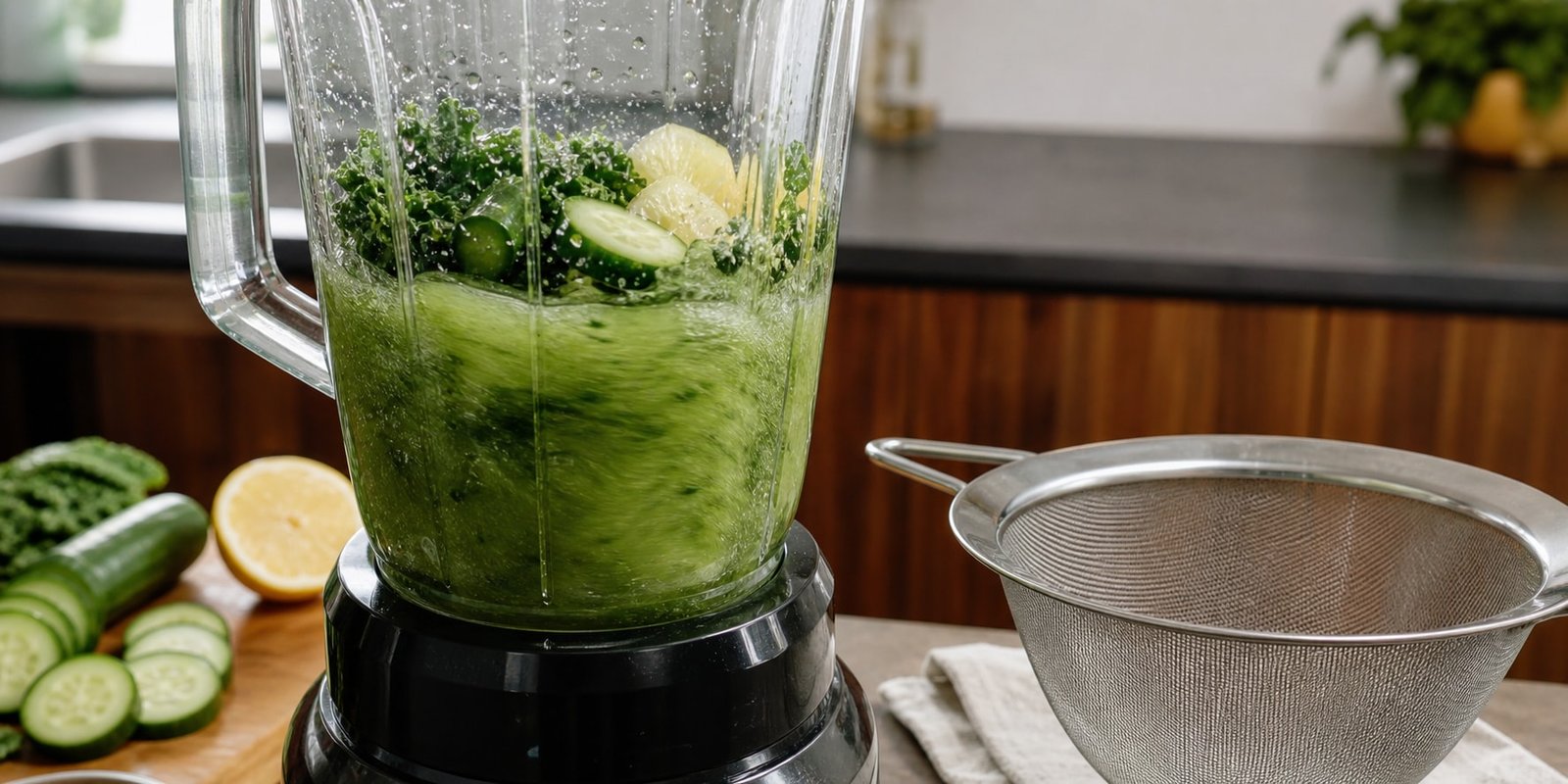 Liquidificador bate pepino, couve, limão e água com uma peneira grossa sem uso ao lado.