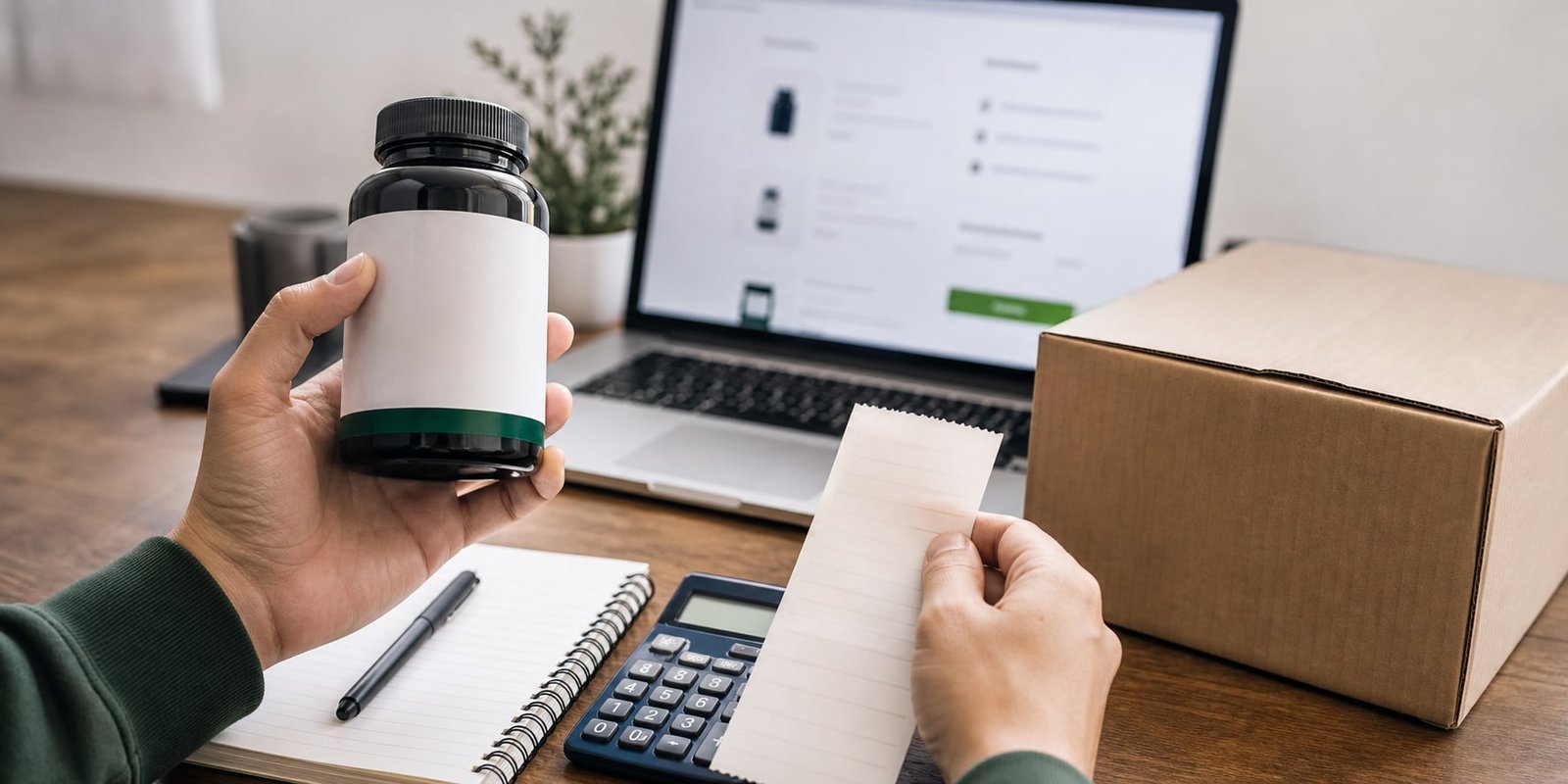 Compra online de suplemento importado com calculadora, embalagem e recibo sem dados.