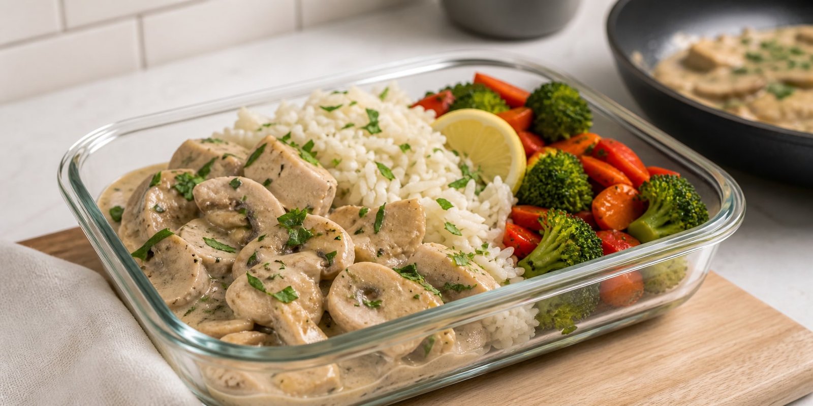 Marmita de strogonoff de frango reaquecida com arroz, legumes, limão e cheiro-verde