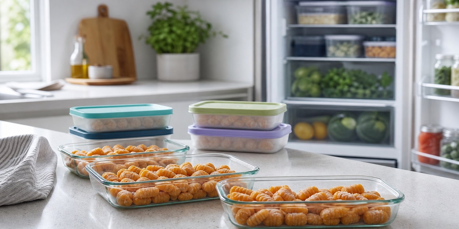 Recipientes rasos com nhoque de batata-doce sendo organizados para resfriamento e armazenamento refrigerado