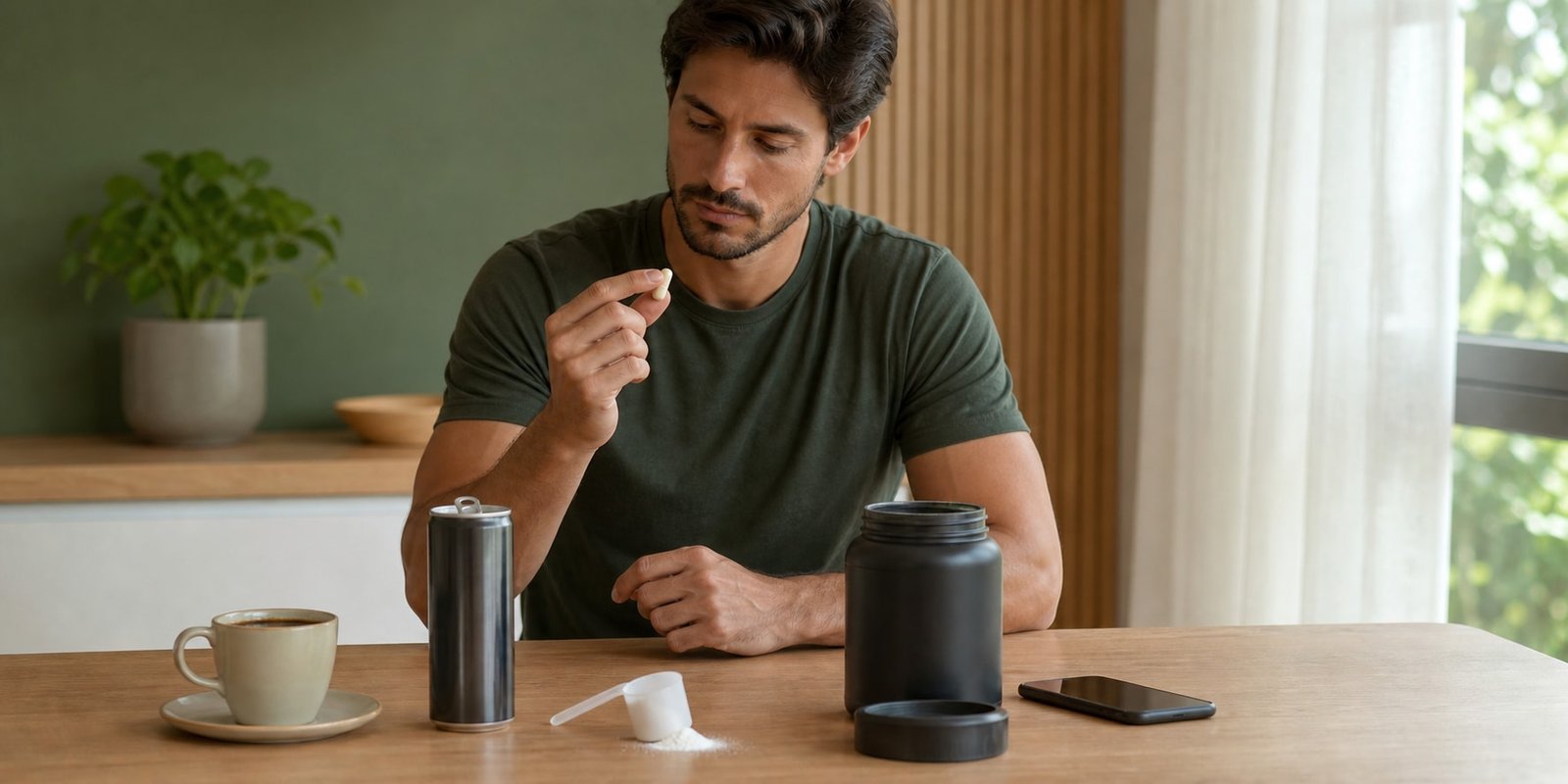 Homem pausa antes de tomar cápsula ao lado de café, energético, pré-treino e frasco anônimo.