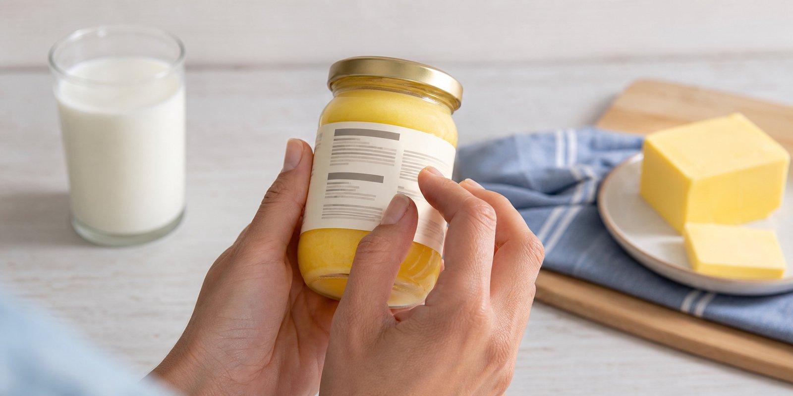 Pessoa lê o rótulo de um pote de ghee com leite e manteiga ao fundo.