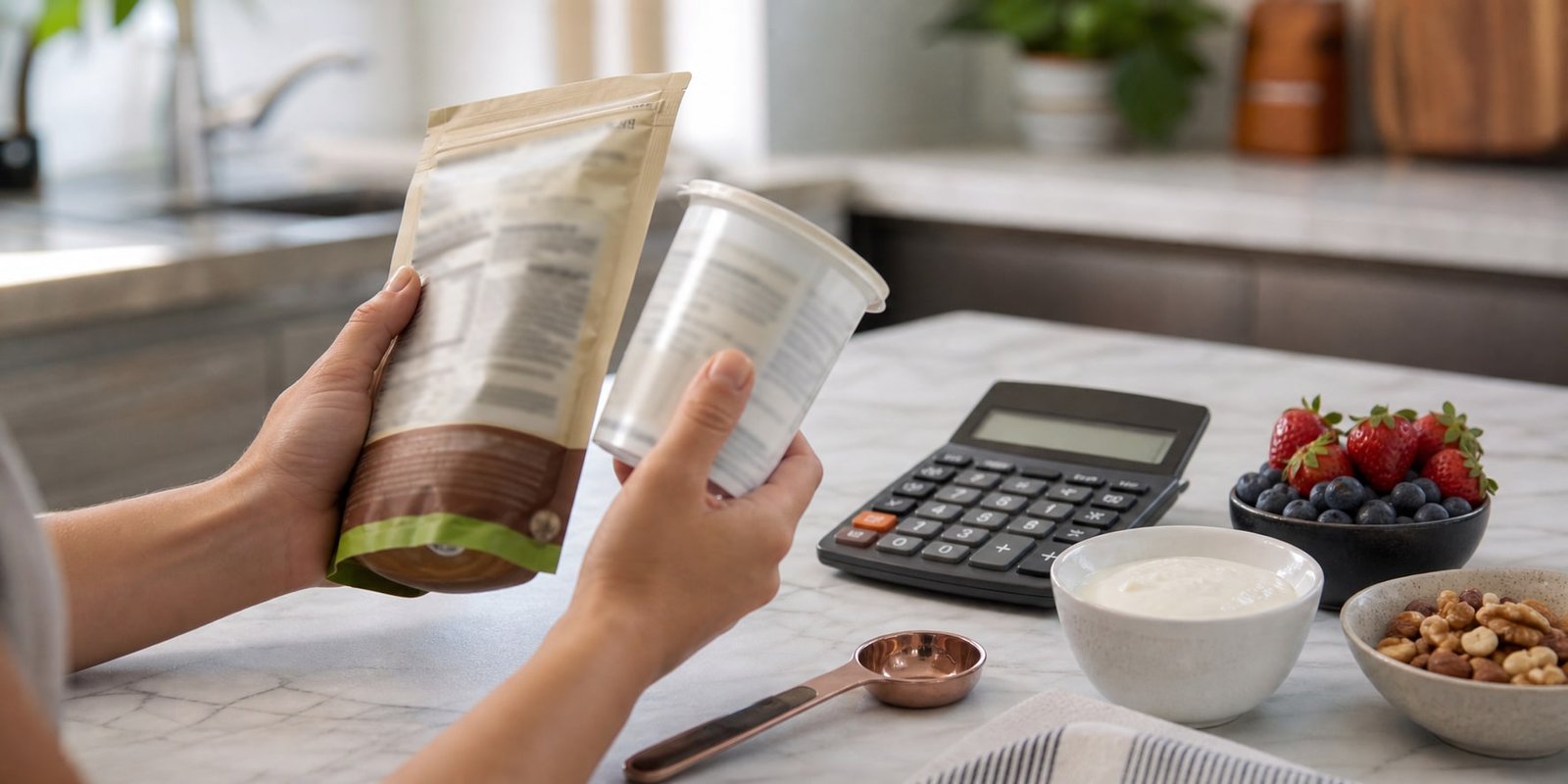 Pessoa lendo rótulo nutricional para conferir carboidratos e ingredientes antes de comprar produto keto.