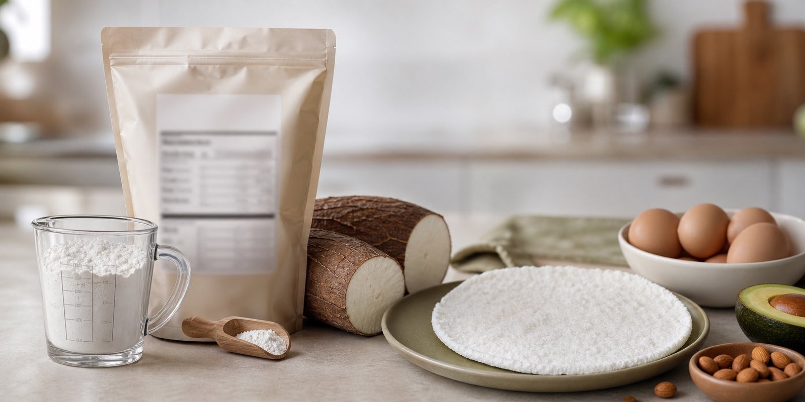 Pacote neutro de goma de tapioca e ingredientes para reforçar leitura de rótulo antes de decidir se cabe na dieta.