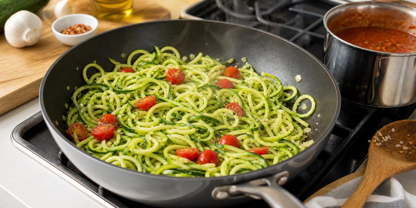Macarrão de abobrinha salteando rapidamente na frigideira com tomate, alho e molho ao lado.