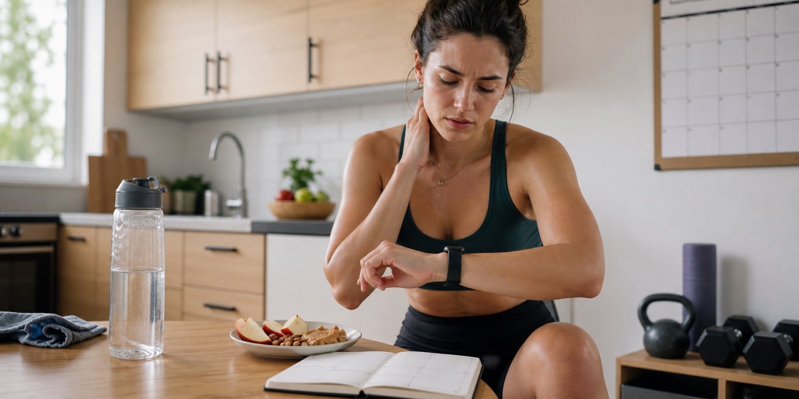 Pessoa em roupa de treino olhando relógio com água e lanche equilibrado, representando sinais de alerta no jejum.