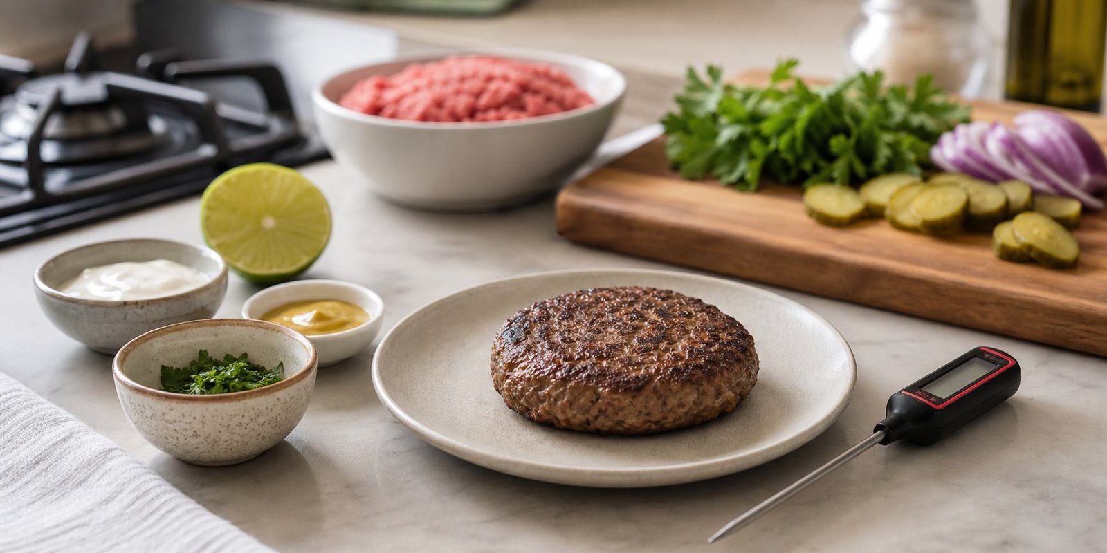 Hambúrguer cetogênico cozido com termômetro, tábua limpa, limão, ervas e molho sem açúcar para reforçar segurança e leitura de ingredientes.