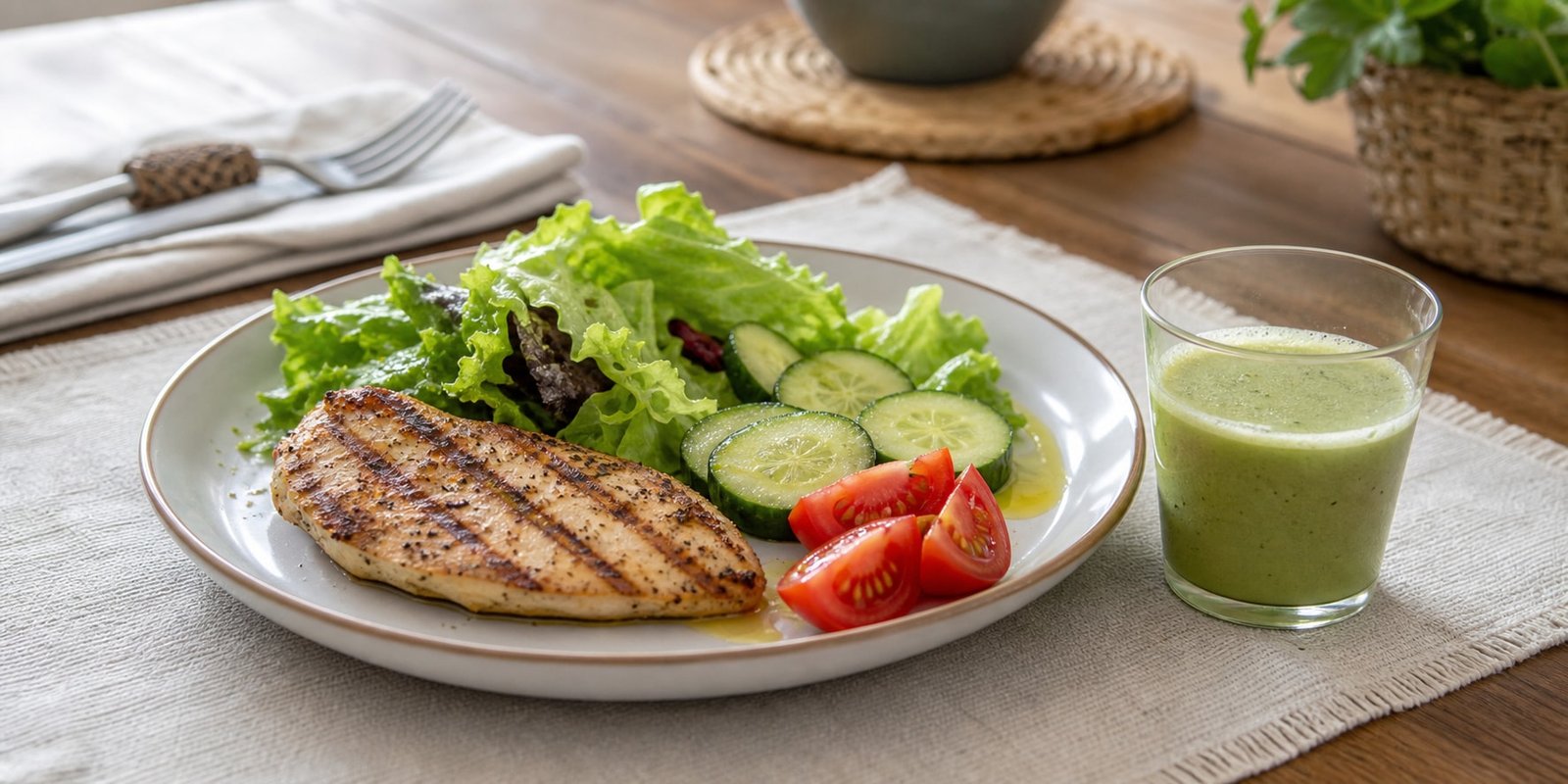 Copo pequeno de suco verde ao lado de prato com frango grelhado, salada, pepino e tomate.