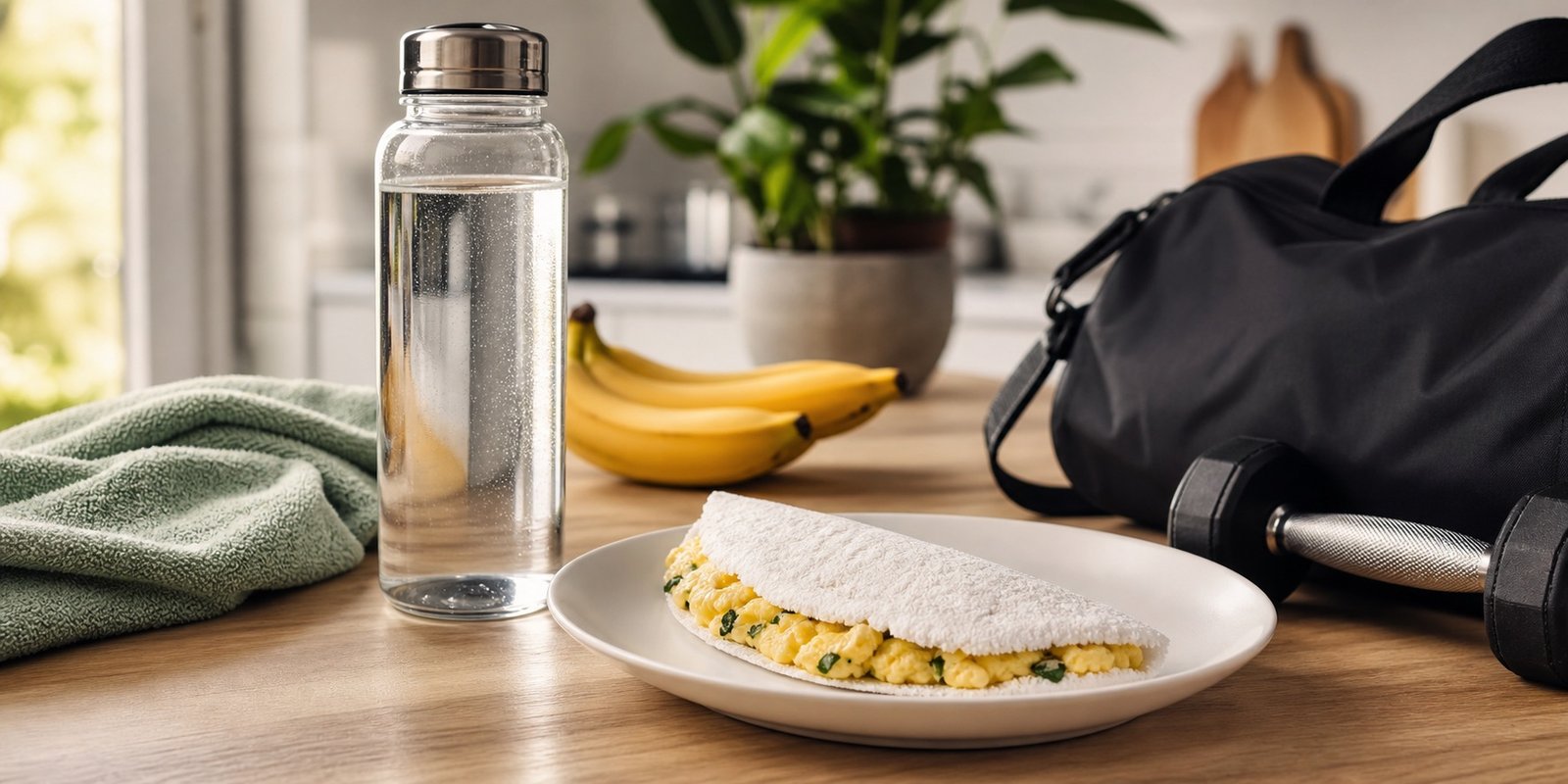 Tapioca pequena com recheio de ovo em contexto de treino para mostrar uso planejado de carboidrato.