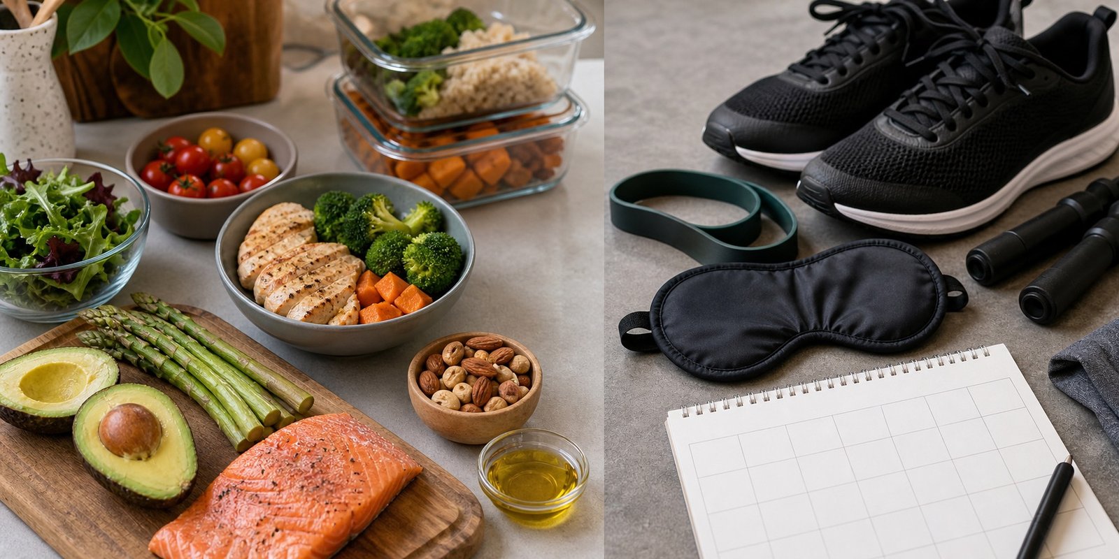 Meal prep, tênis de treino, faixa elástica, máscara de sono e calendário vazio representando rotina metabólica.