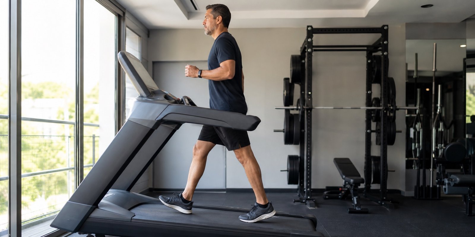 Homem fazendo caminhada inclinada em esforço moderado com rack de musculação ao fundo